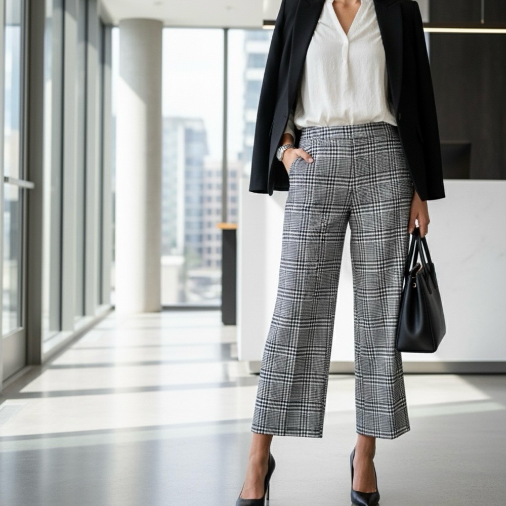 Black and White Plaid Straight Leg Trouser